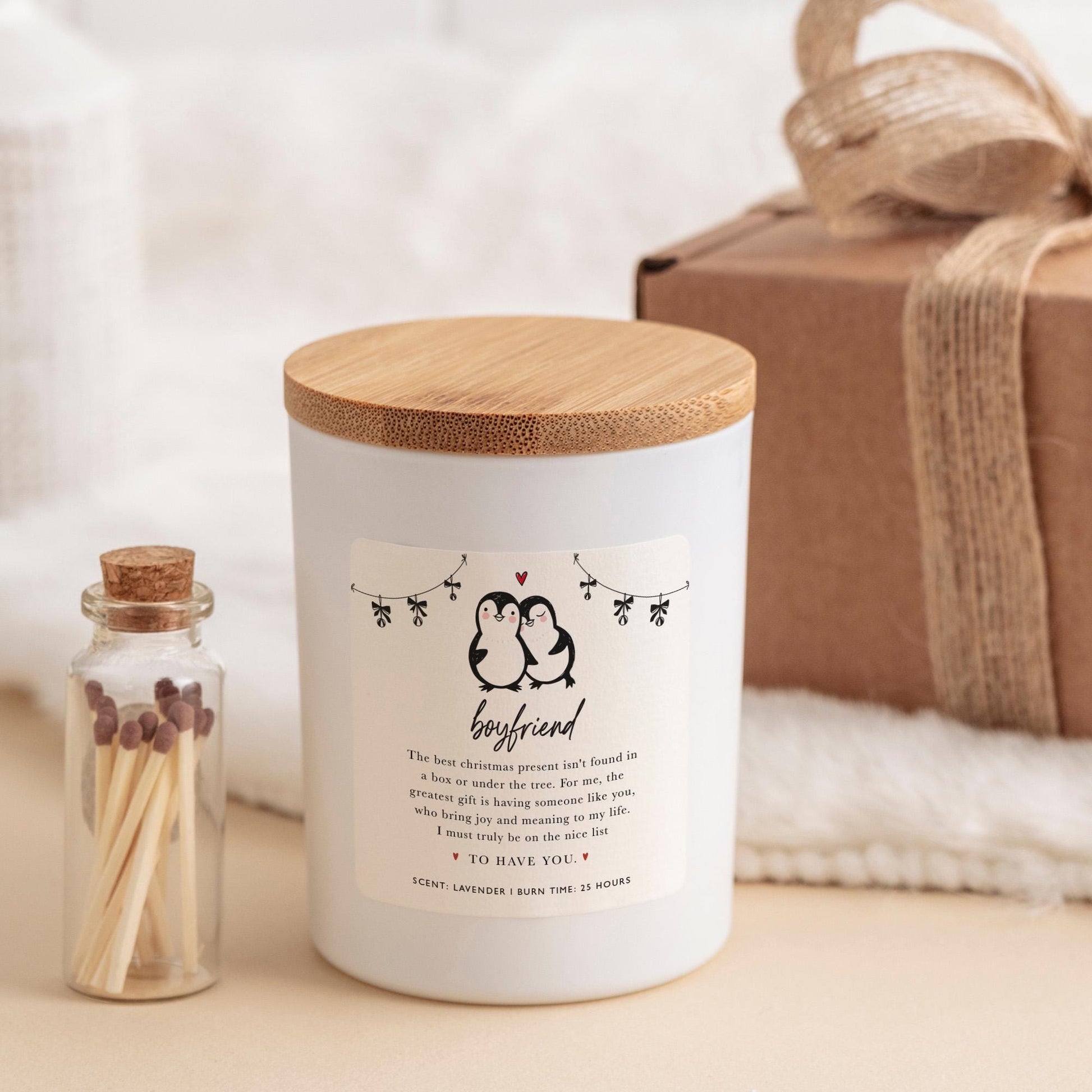Romantic Christmas Candle Gift for Boyfriend Xmas Present for Him Cute Penguin Couple Design Vegan Soy Wax