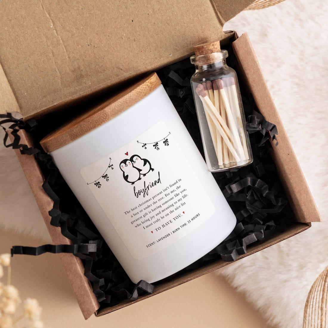 Romantic Christmas Candle Gift for Boyfriend Xmas Present for Him Cute Penguin Couple Design Vegan Soy Wax
