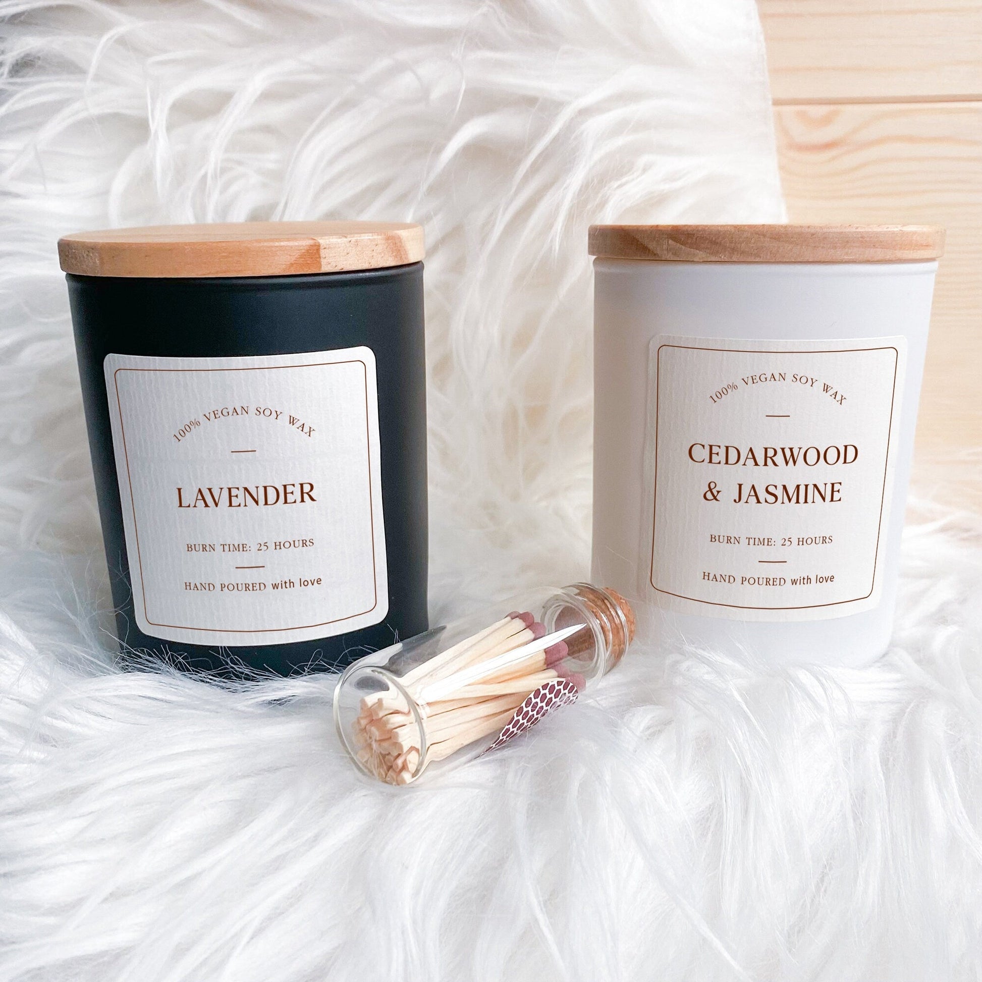 Scented candle with wooden lid and matches in a jar, Christmas Gift for Her, Gift Box, Cosy Stylish Unique Vegan Xmas Present Hygge Gift