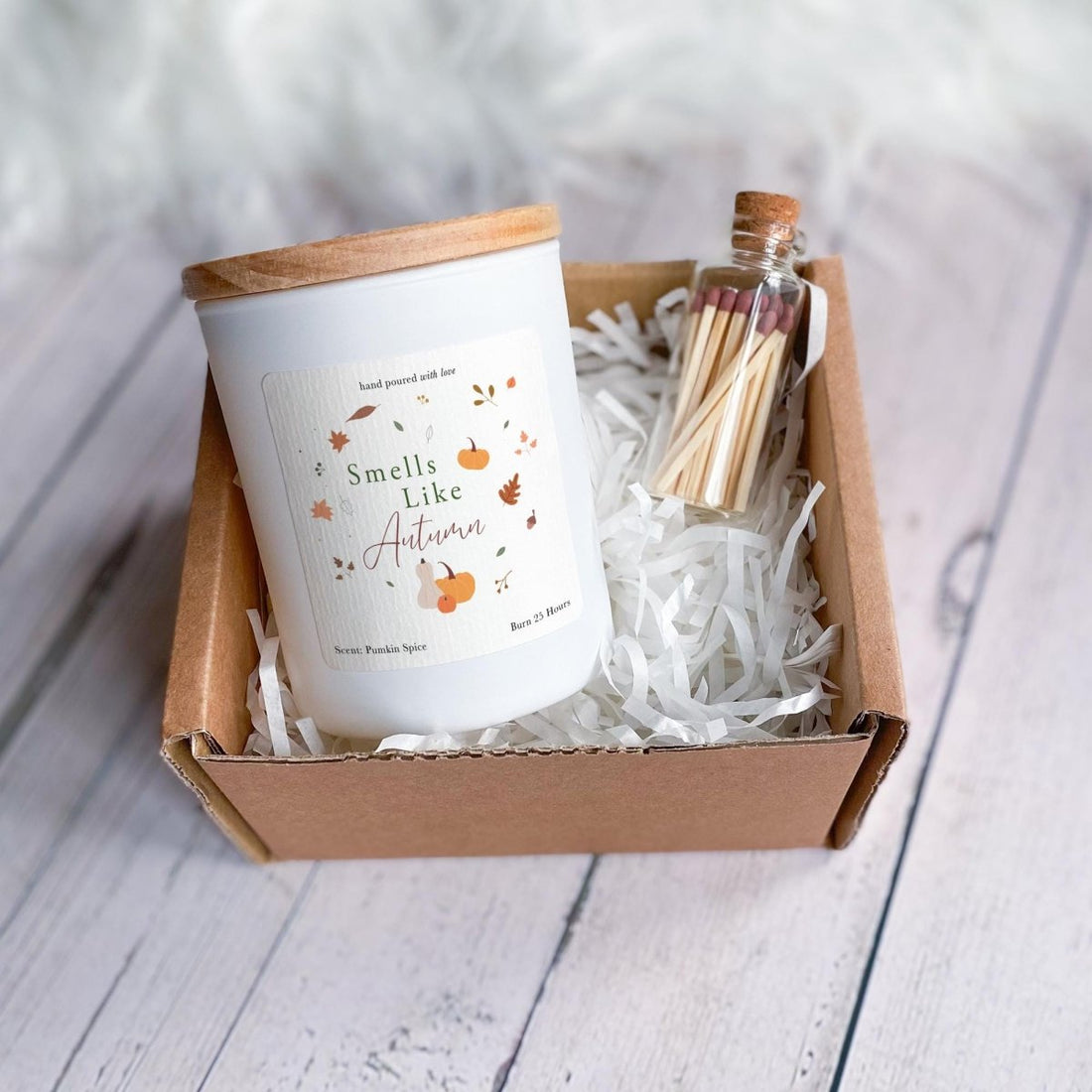 Smells Like Autumn Candle Gift Set Cosy Autumnal Soy Wax Jar Candle with Matches Seasonal Home Decor