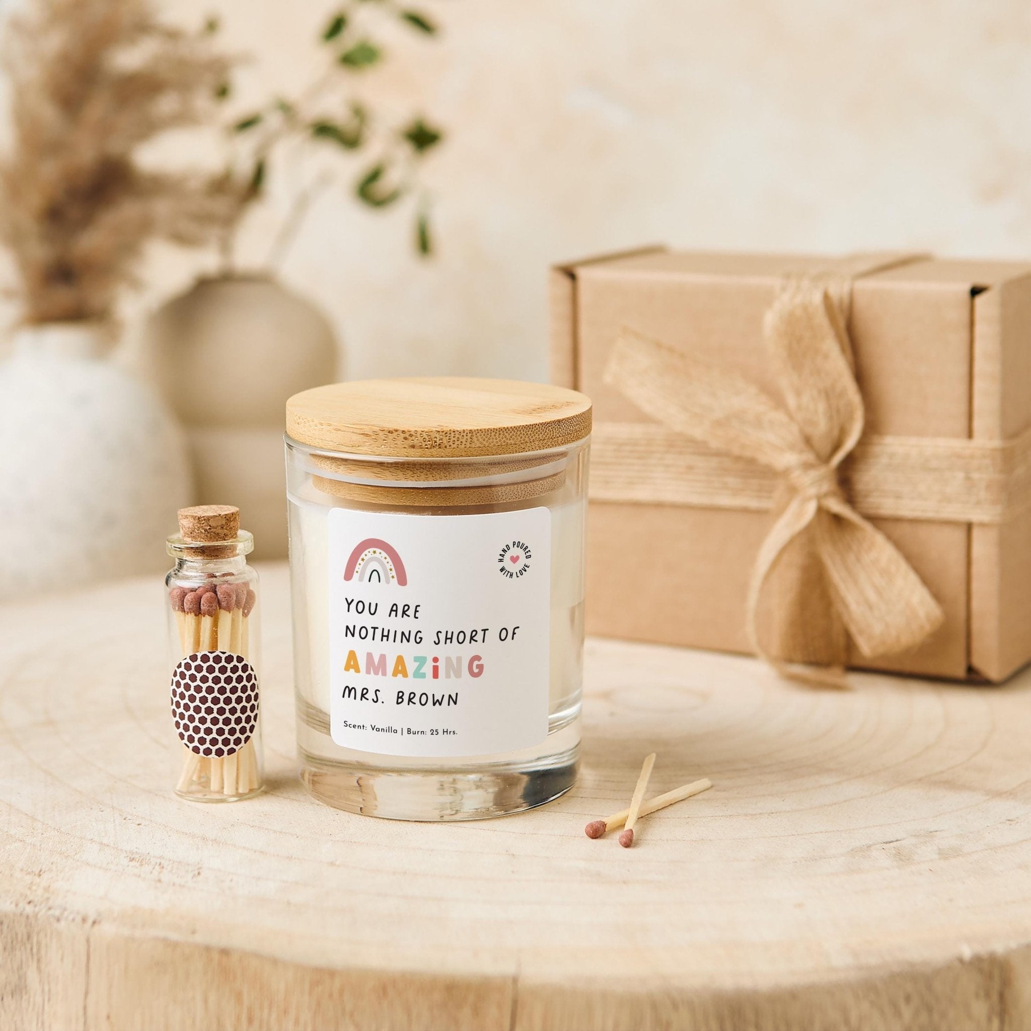 Teacher Gift Personalised Thank You Candle and Match Set Amazing Teacher Assistant Nursery Carer Childcare Appreciation End of Term Keepsake