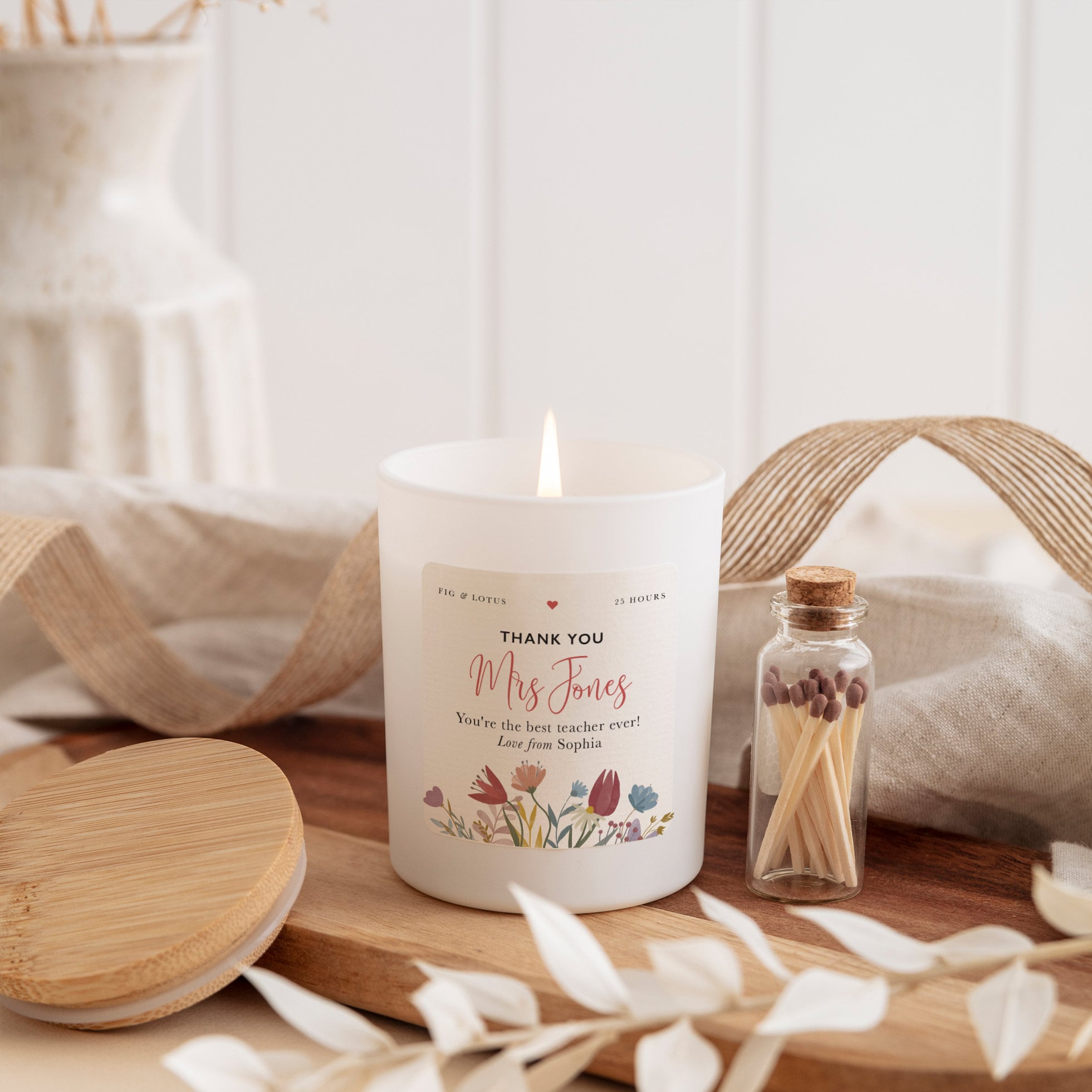 Thank you teacher scented candle with teacher's and student name FREE GIFT PACKAGE and mini matches jar Teacher thank you gift