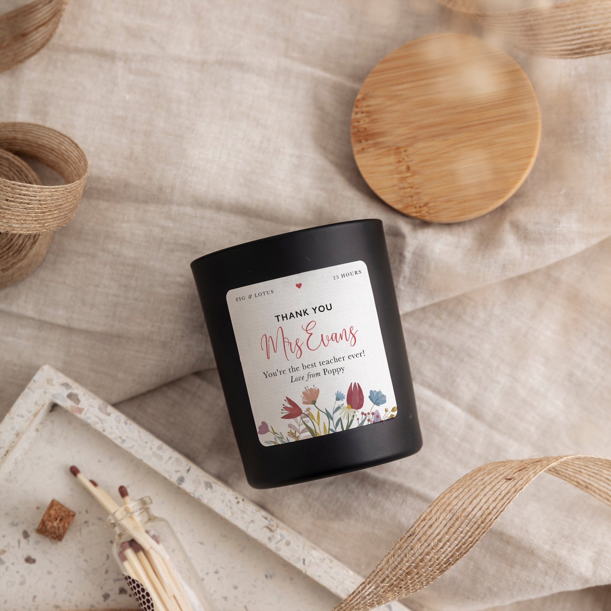 Thank you teacher scented candle with teacher's and student name FREE GIFT PACKAGE and mini matches jar Teacher thank you gift