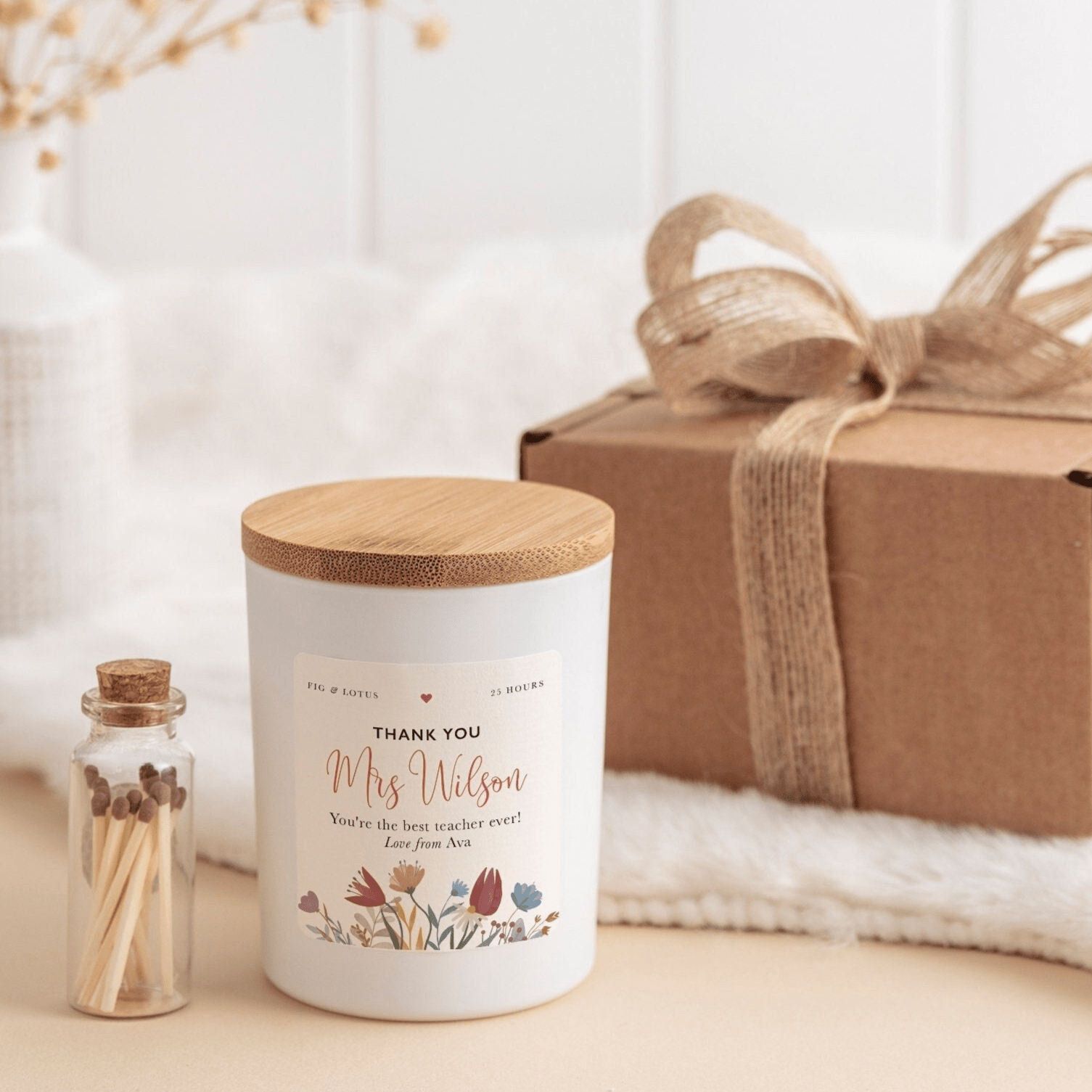 Thank you teacher scented candle with teacher's and student name FREE GIFT PACKAGE and mini matches jar Teacher thank you gift