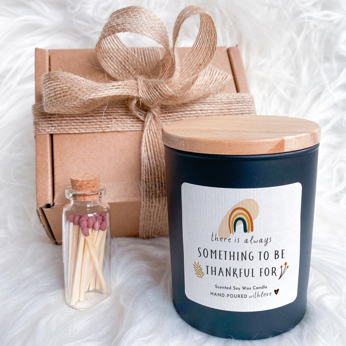 Thankful For You Vegan Soy Wax Candle Gift Set with Free Gift Package and Mini Matches Jar