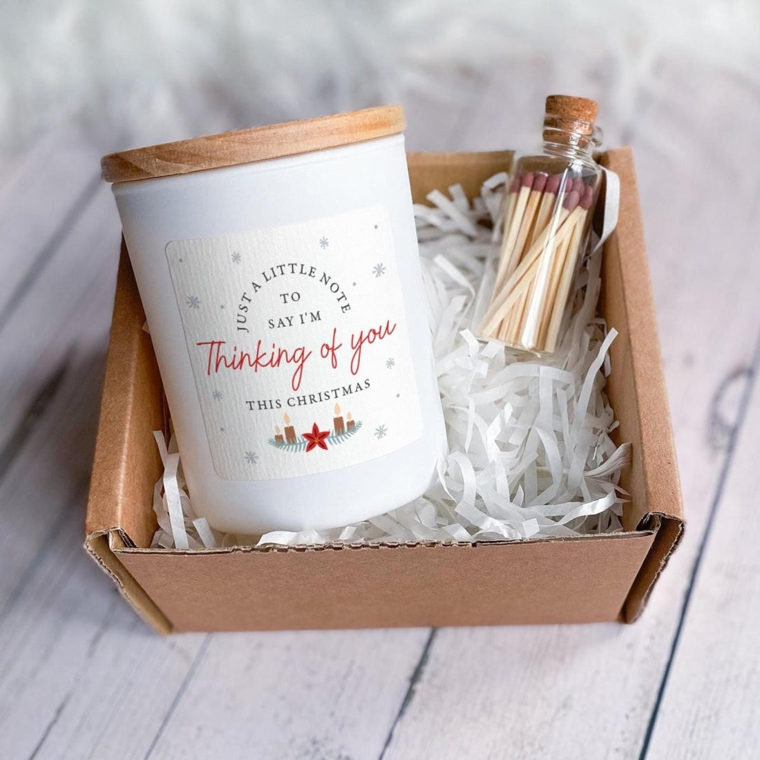 Thinking of You Christmas Soy Candle Gift with Ribbon and Matches Jar