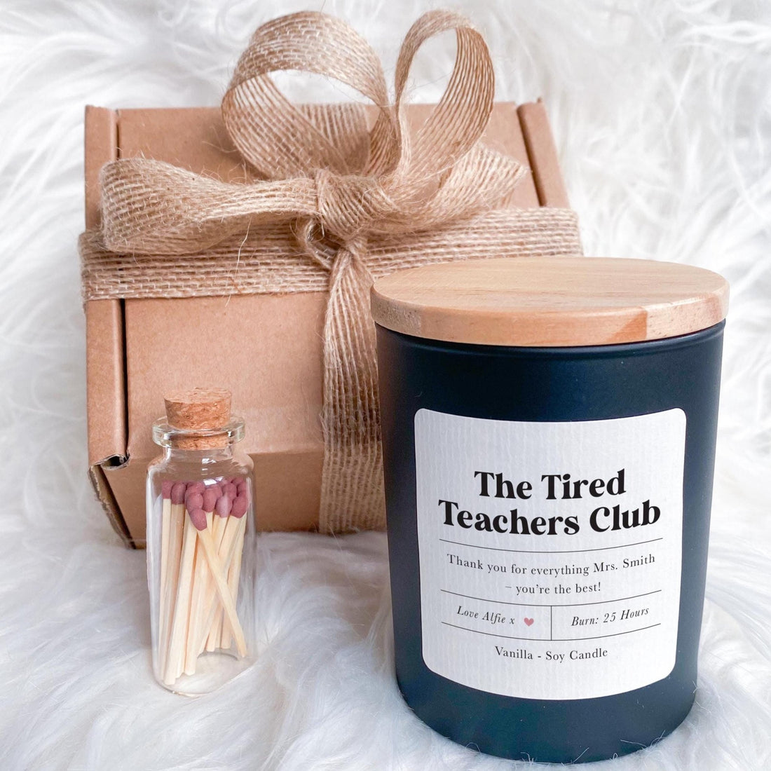 Tired Teacher Candle Gift Set Funny Personalised with Child Name Thank You Present for Teacher Assistant End of Term End of Year Gift