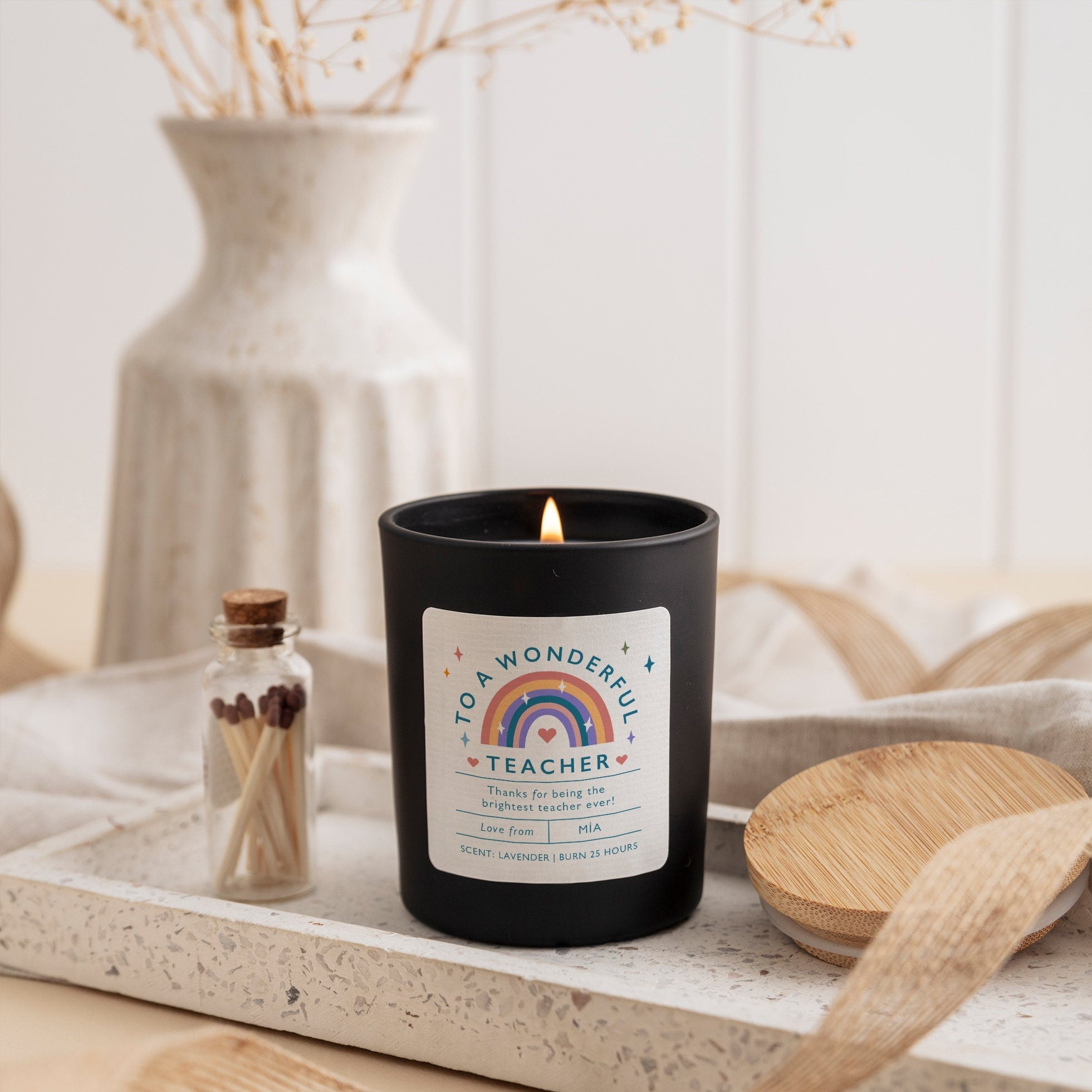 To a wonderful teacher scented candle with rainbow FREE GIFT PACKAGE and mini matches jar Teacher gift with your thank you message