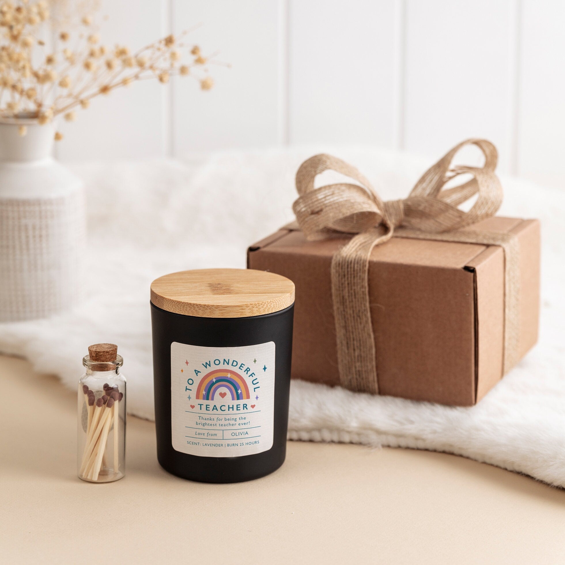 To a wonderful teacher scented candle with rainbow FREE GIFT PACKAGE and mini matches jar Teacher gift with your thank you message
