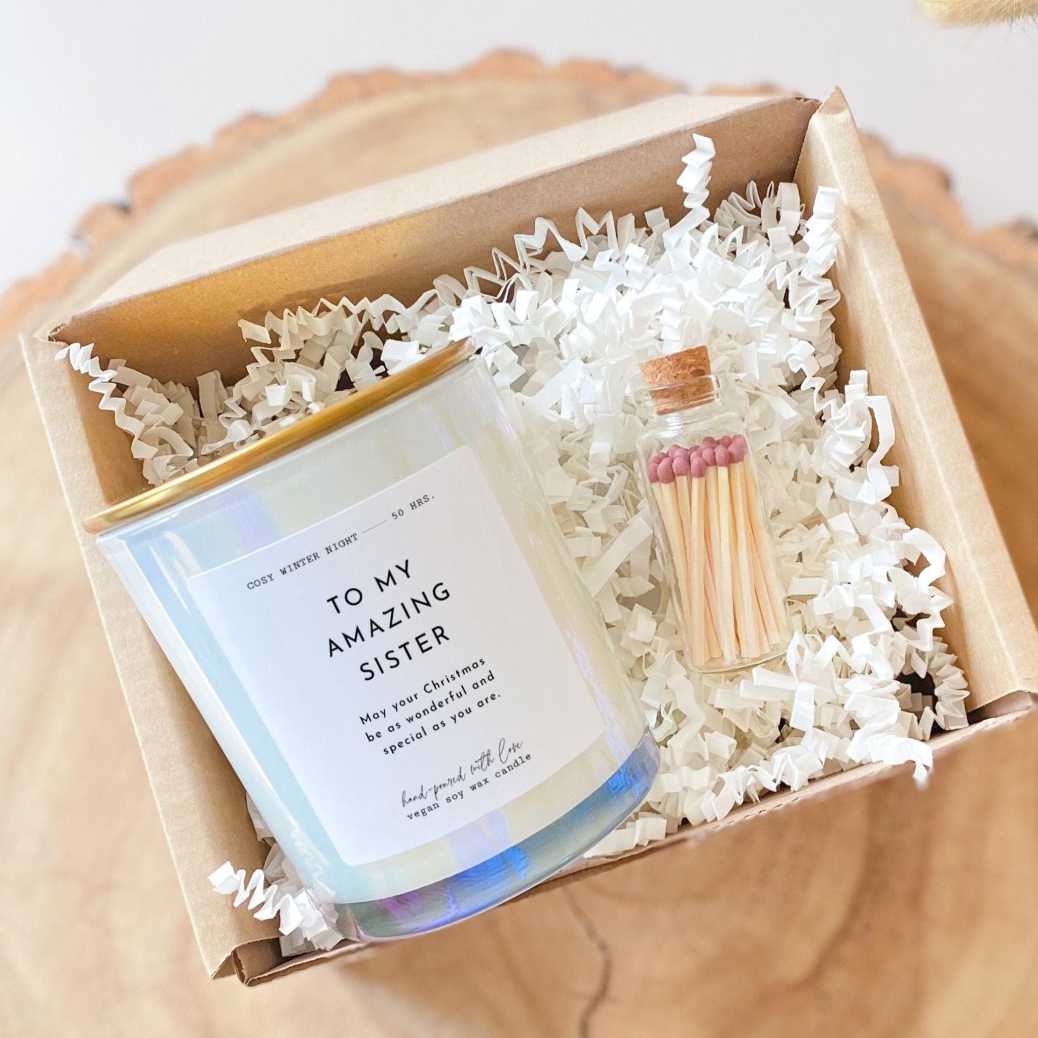 To my amazing sister scented Christmas candle with metal lid and matches jar Gift for sister Luxurious Christmas present for sister