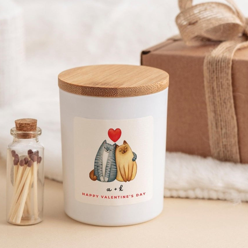 Valentine's Day Candle Gift – Cat Design Soy Wax Jar with Personalised Initials