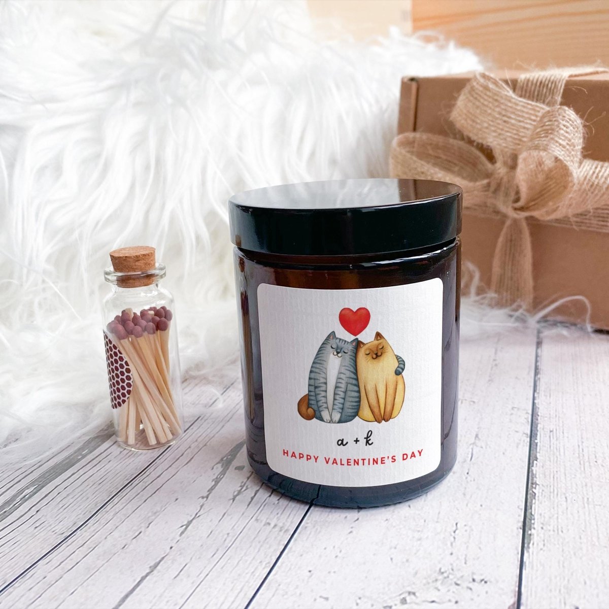 Valentine's Day Candle Gift – Cat Design Soy Wax Jar with Personalised Initials