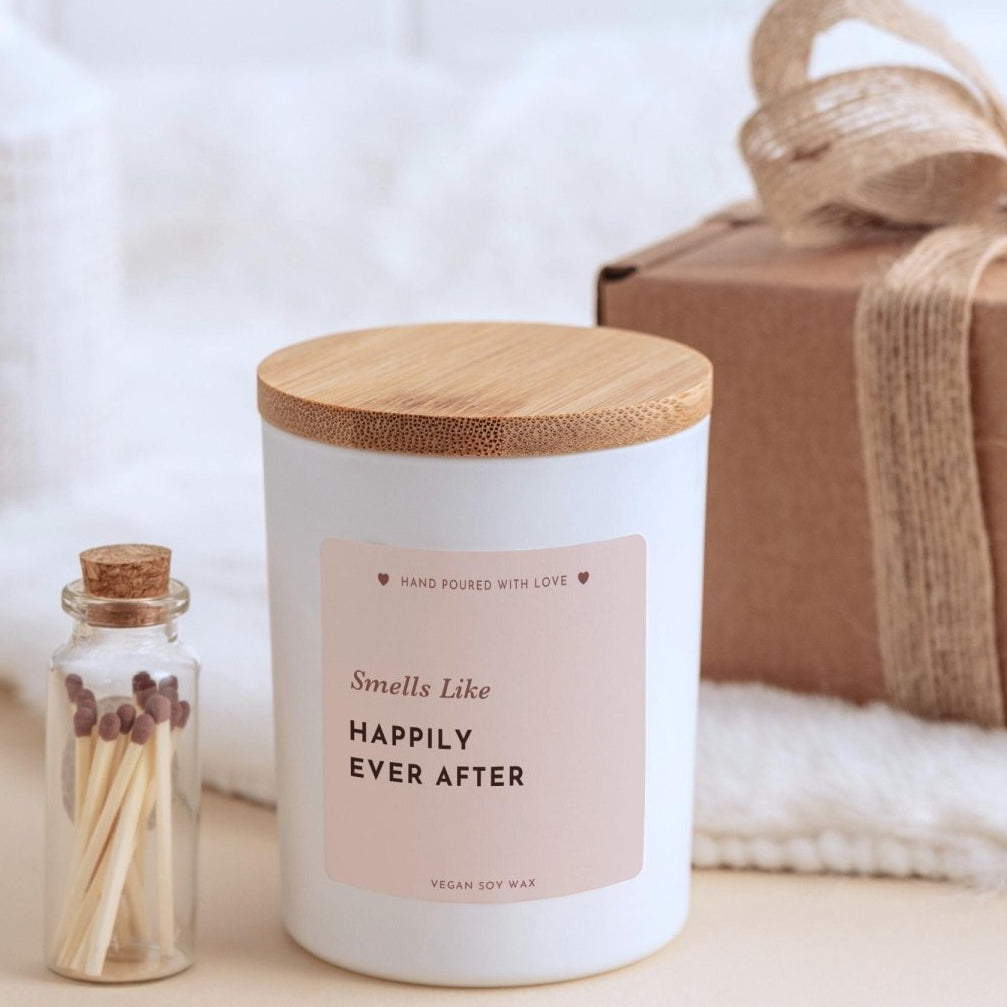 Wedding Gift Candle for Couple, Happily Ever After Soy Candle, Bridal Shower Present with Box and Mini Matches Jar