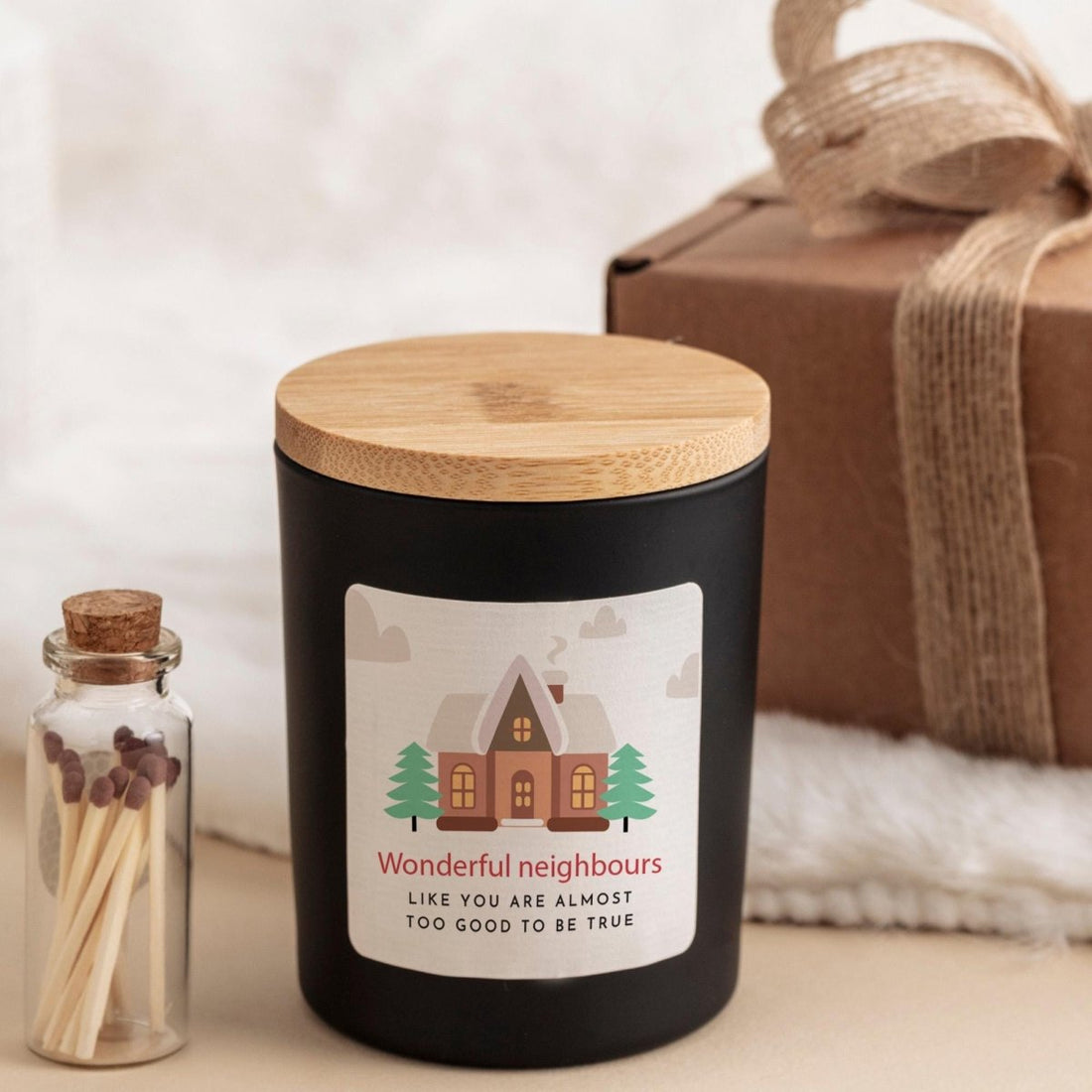 Wonderful Neighbours Vegan Soy Wax Candle Gift Set with Ribbon and Matches Jar