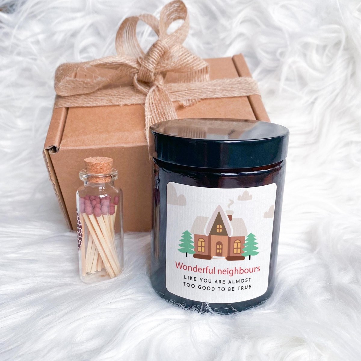 Wonderful Neighbours Vegan Soy Wax Candle Gift Set with Ribbon and Matches Jar