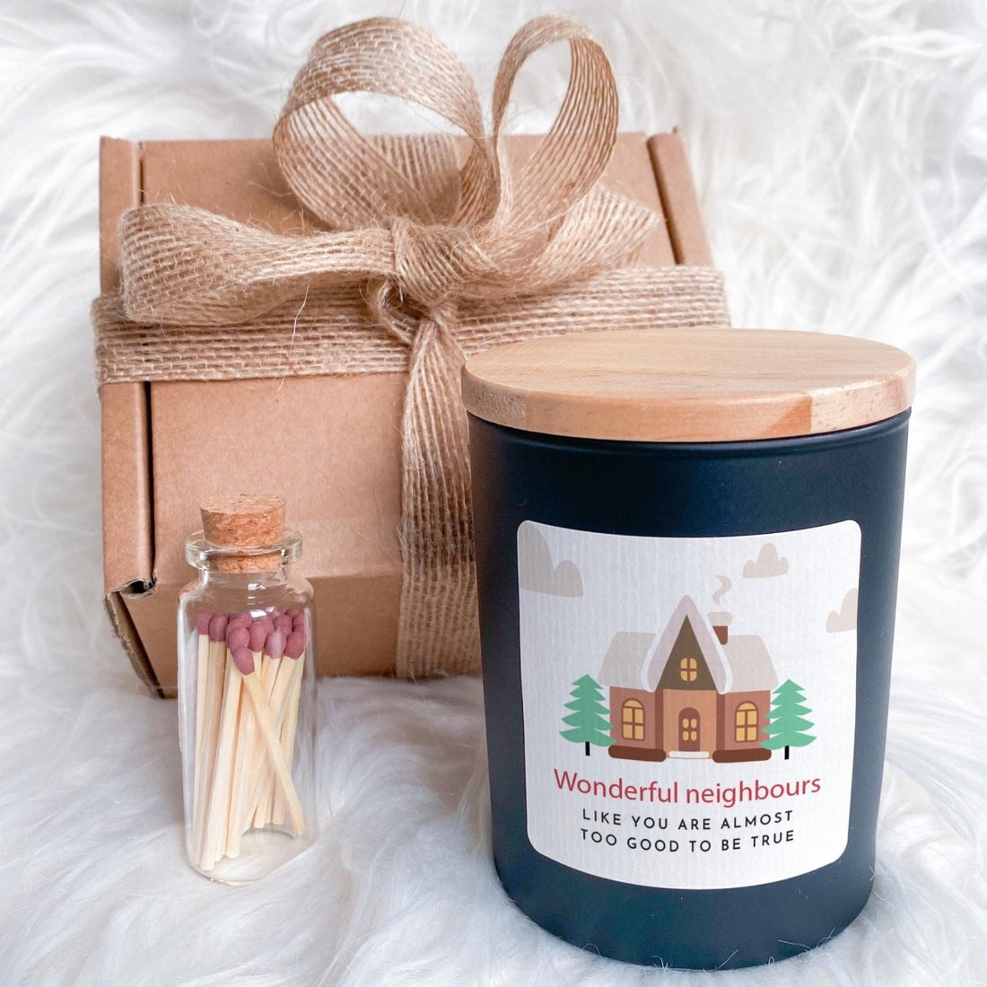 Wonderful Neighbours Vegan Soy Wax Candle Gift Set with Ribbon and Matches Jar