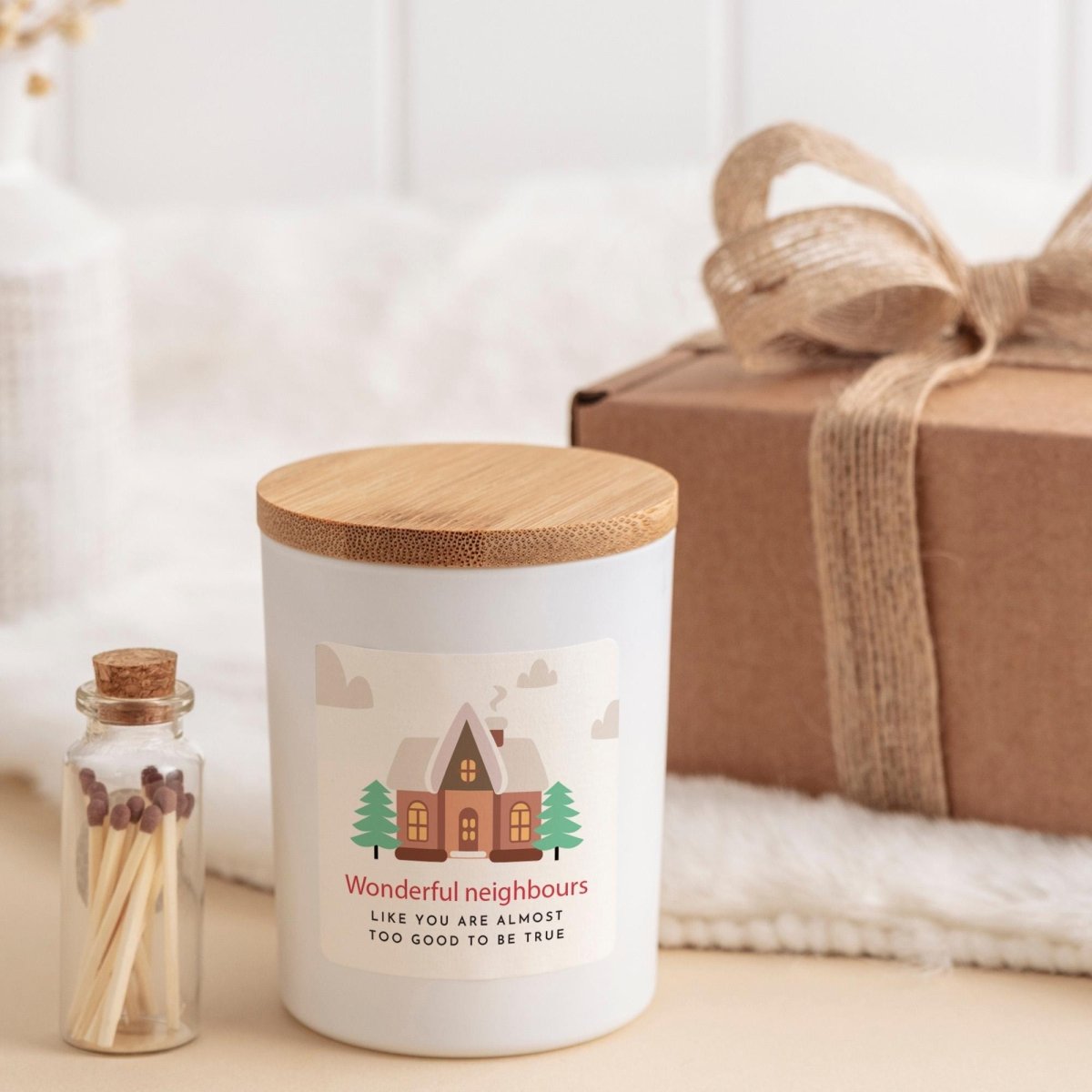 Wonderful Neighbours Vegan Soy Wax Candle Gift Set with Ribbon and Matches Jar