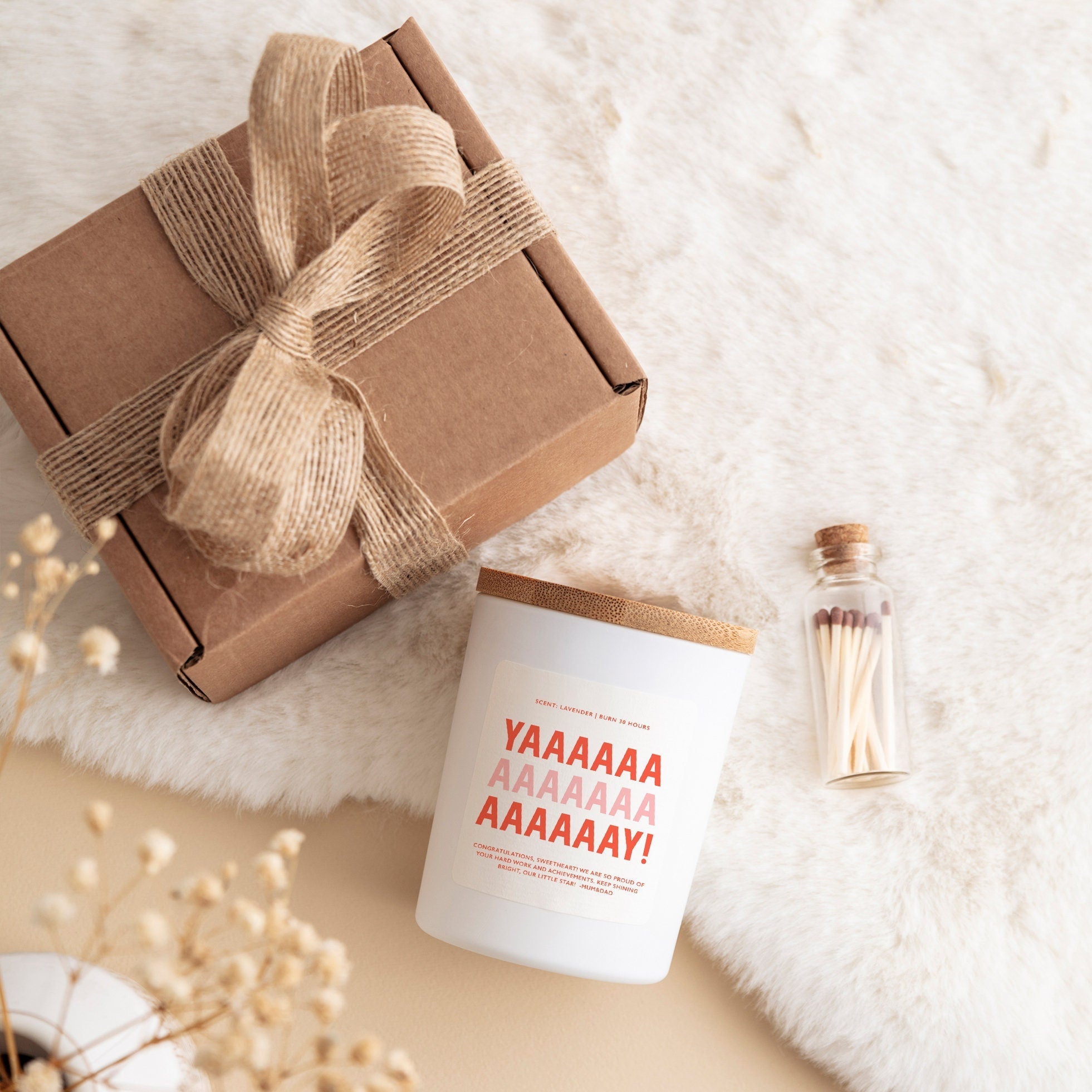 Yay scented candle with your text Personalised graduation gift for her him Well Done Proud Of You Congratulations Gift For Her New Job Yaaay