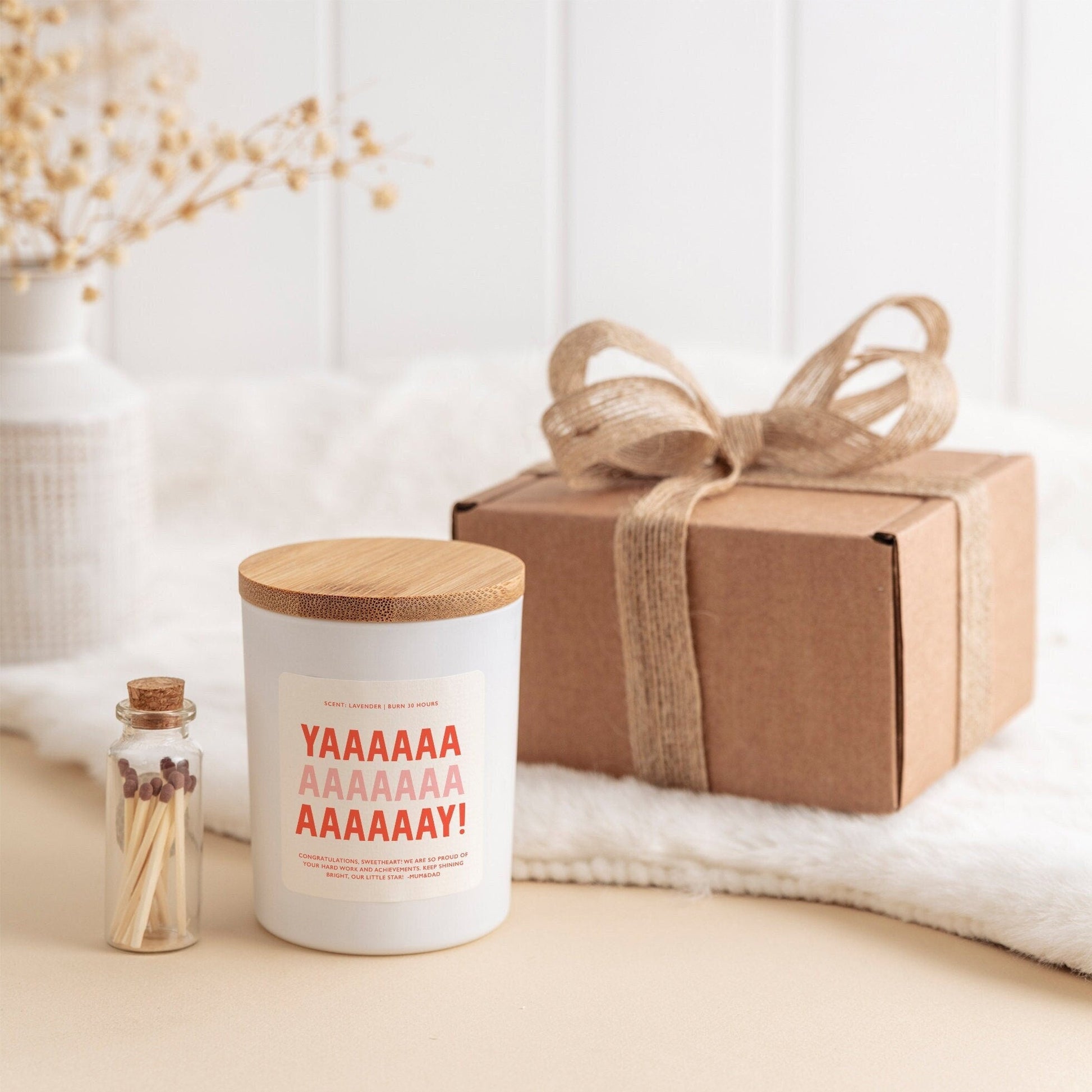 Yay scented candle with your text Personalised graduation gift for her him Well Done Proud Of You Congratulations Gift For Her New Job Yaaay