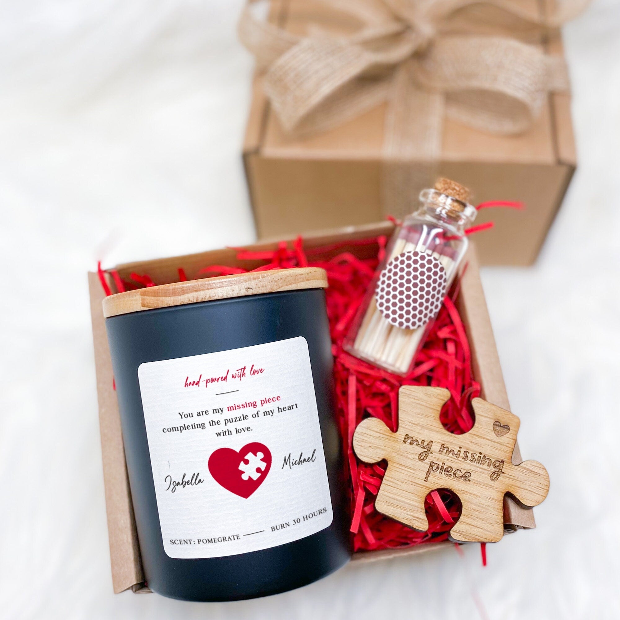 You Are My Missing Piece Candle Set with Wooden Puzzle Piece Gift for Her Him Valentines Day Christmas Birthday Wife Girlfriend Fiancee
